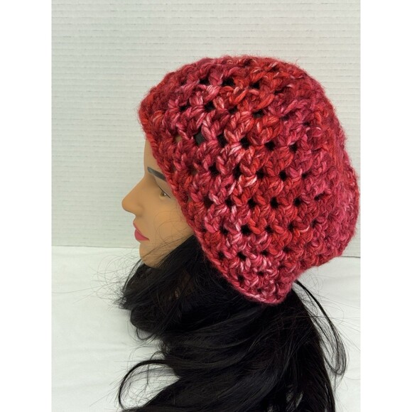 Beanie Hat Skull Cap Adult Teens Crochet Unisex Red White Handmade - Picture 2 of 7